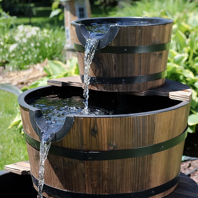 Sunnydaze 3-Tier Wood Barrel Water Fountain - 30-Inch Outdoor Water Fountain Barrel with Submersible Pump - for Garden, Patio, Decks
