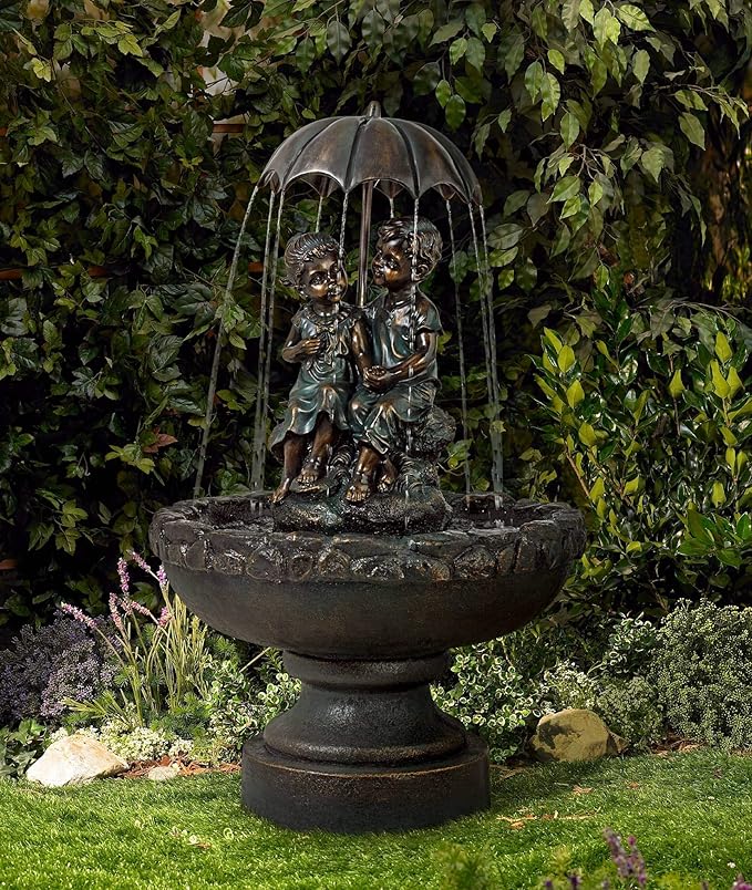 Boy and Girl Under Umbrella 40" High Large Rustic Indoor Outdoor Cottage Core Decor Bronze Floor Fountain Standing Waterfall Basin Water Feature for Outside Garden Patio Yard - John Timberland