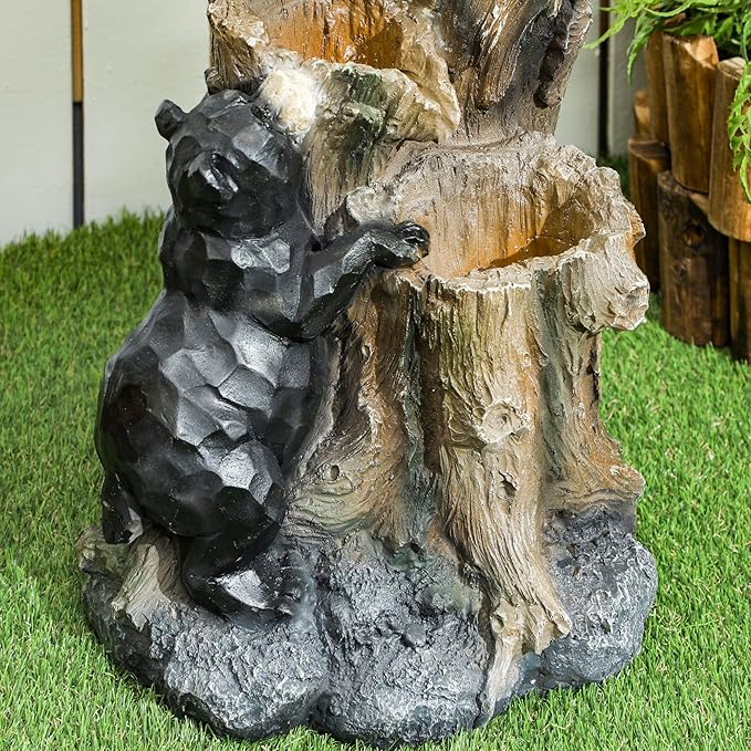 Outsunny 22.4" Tall Outdoor Water Fountain, 3-Tier Floor Standing Resin Bears and Honey Beehive Tree Waterfall Fountain with LED Lights, Pump for Garden, Patio, Backyard