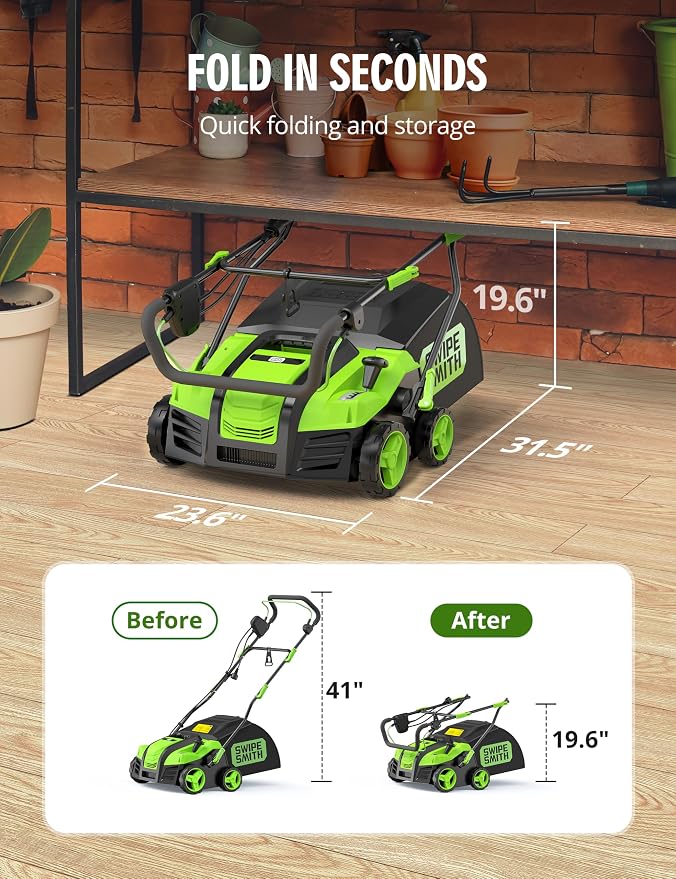 16” Artificial Turf Vacuum,1800w Grass Sweeper 15 Amp Lawn Sweeper Yard Power Brush with 45L Removable Leaf Collection Bag, Quick-Fold, Keeps Clear Sweepy Box - Image 7
