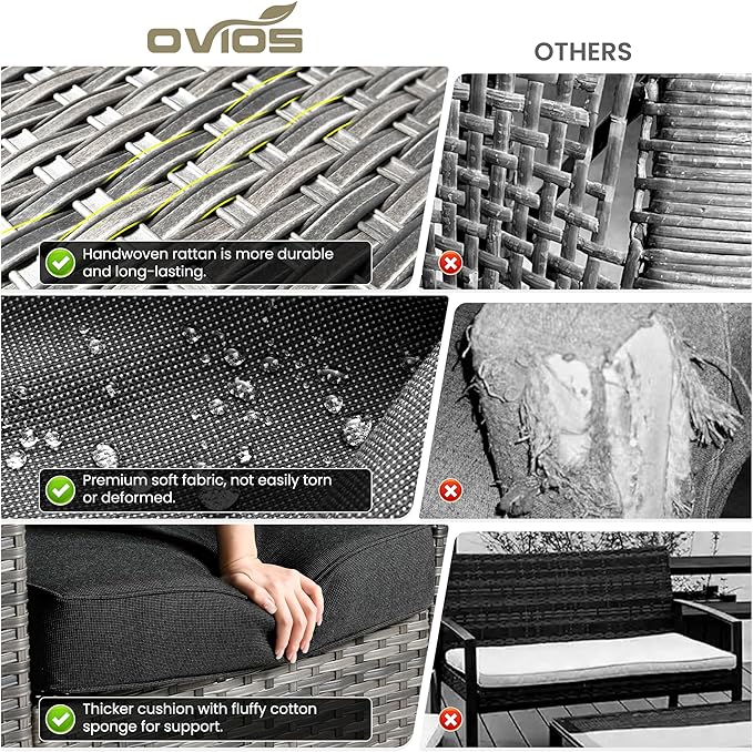 ovios Patio Furniture Set, 7 Pieces Outdoor Wicker Sofa Couch with 4 Chairs, Ottomans and Comfy Cushions, All Weather High Back Rattan Conversation Set, Black