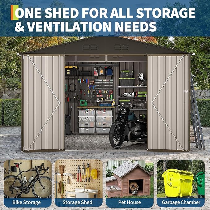 10X12 FT Storage Shed,Lockable Gable Roof Garden Shed with Grid Window, All-Weather Resistant Storage Unit for Bikes, Ladders, Patio Supplies & Garden Essentials - Image 9