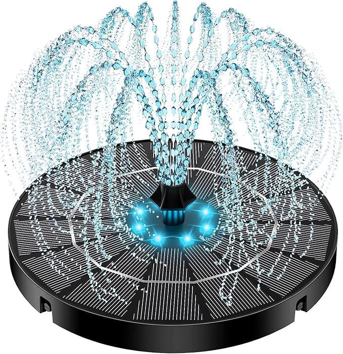 Yzert Solar Fountain with Colorful Lights,High Efficiency Solar Water Fountain with 2200mAh Battery 7 Nozzles and 4 Fixer,Solar Fountain for Bird Bath Garden Outdoor Décor