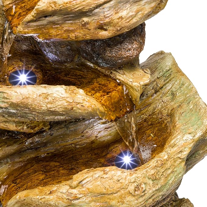 Alpine Corporation TZL226 Outdoor 4 Tier Log Tree Trunk Waterfall Floor Fountain with LED Lights, Tiered Garden Décor, 24" H, Brown
