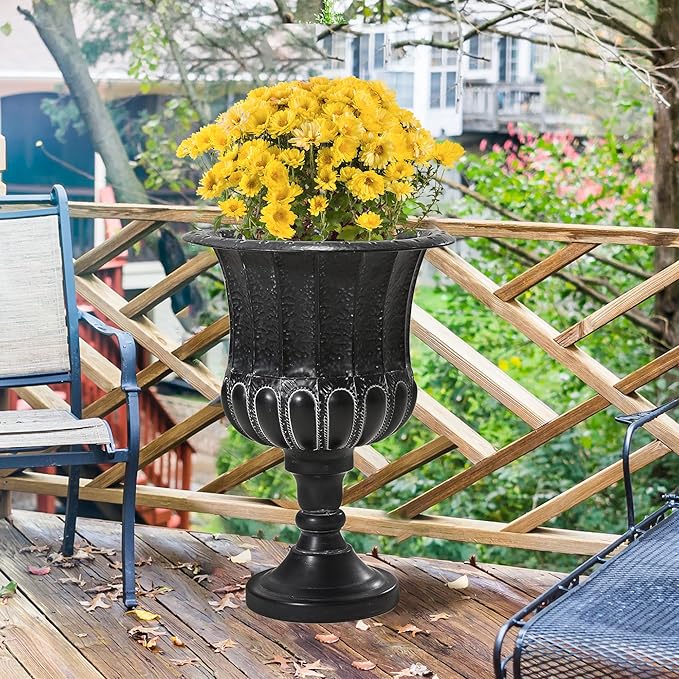 Worth Garden 25" H. Metal Urn Planters 1-Pack - Black Classic Antique Iron Plant Pots - Large Decorative Rustic Flower Pots for Outdoor Use - Traditional Urn Planter for Patio, Front Porch