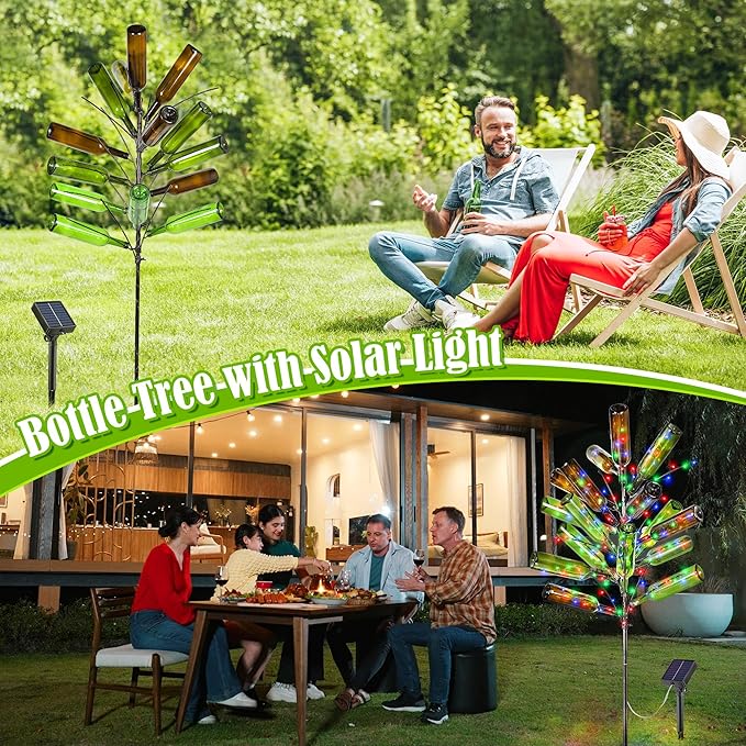 Meonum Solar Light Bottle Tree, 61" Metal Garden Sculpture for Yard & Patio Decor, Colorful Outdoor Wine Holder for Garden & Lawn Decoration, Holds 24 Glass Containers(Black)