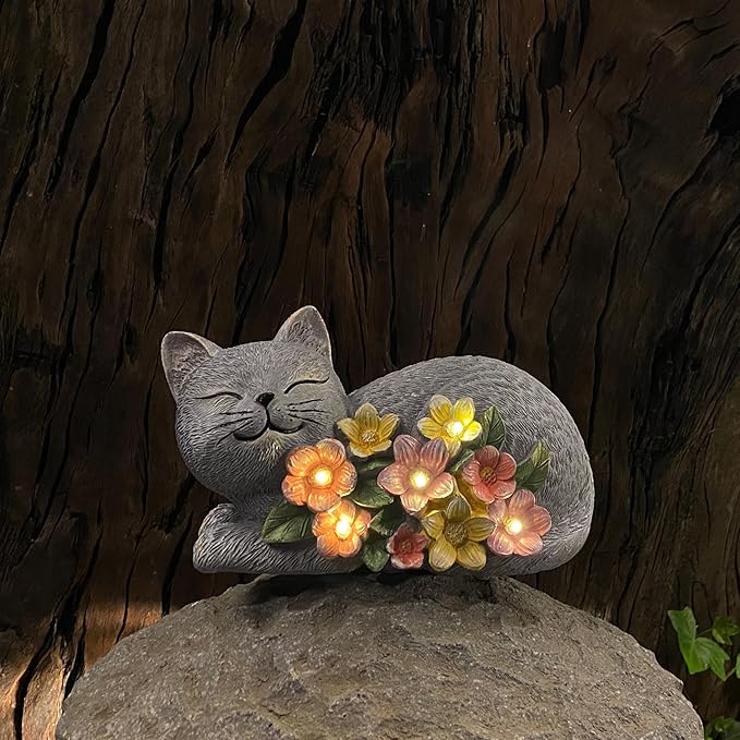 Solar Cat Outdoor Statue, Resin Solar Cat Lights with Flower for Outside, Garden Cats Figurine for Lawn Porch Yard Art - Birthday Gifts for Mom Grandma Women