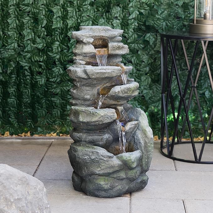 Alpine Corporation 24" H Outdoor Waterfall Floor Fountain with White LED Lights, Gray