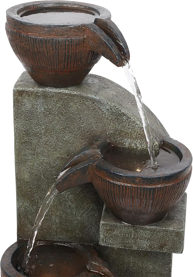 Alpine Corporation 40” Tall Indoor/Outdoor 4-Tier Fountain with LED Lights, Cascading Pot and Bowl Water Feature, Elegant Waterfall for Garden, Patio & Home, Brown