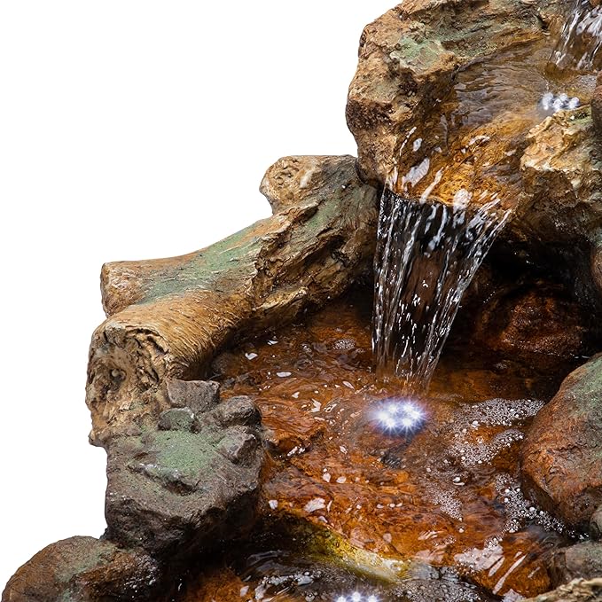 Alpine Corporation TZL288 Indoor/Outdoor Cascading Stone River Waterfalls Floor Fountain with LED Lights, 40 inches Long, Brown