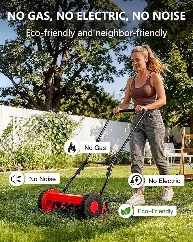 16-Inch Hand Push Reel Lawn Mower, 5-Blade Manual Push Lawnmower, 0.4-4" Adjustable Cutting Height, Lightweight for Small/Medium Yards, Easy Assembly, Compact & Quiet, Red - Image 7