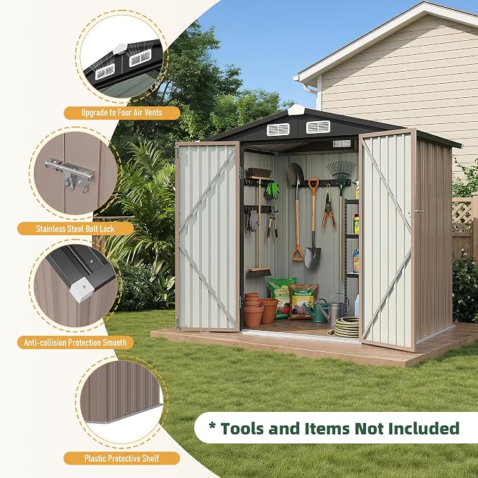 Aoxun 6' x 4' Outdoor Shed with 2 Pack Motion Sensor Light Garden Metal Storage Shed with 4 Vents, Lockable Doors for Patio, Lawn & Garden, Brown - Image 8