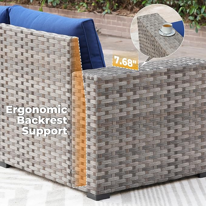 ovios 9 Pieces Patio Furniture Set, Outdoor Wicker Sectional Sofa with 42" Firepit Table Swivel Chair, Modern Modular Deep Seat Rattan Couch Conversation Sets, Navy Blue