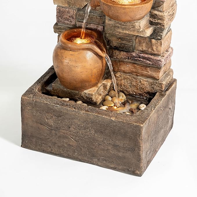 Teamson Home 28.5" Outdoor 4-Tier Stacked Stone Cascading Water Fountain with LED Lights, Brown