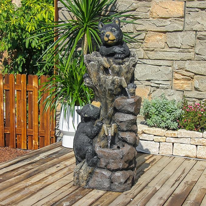 YZM 40.16" H 5 Tier Outdoor Fountain Black Bears Climbing Tree Garden Water Fountain Outdoor Water Feature Resin for Farmhouse Patio Yard Deck Home Lawn Porch House Relaxation Exterior Balcony