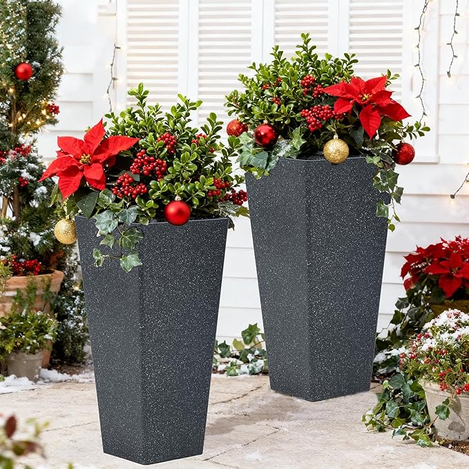 28" Tall Planters Set of 2, Oversized Terrazzo-Look PP Outdoor Pots for Plants, Versatile Indoor/Outdoor Flower Pots w/Drainage Hole for Patio, Garden, Porch & Living Room Decor, Ideal Gift
