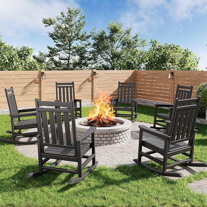 Garvee HDPE Rocking Chair Outdoor Set of 2 - Poly High Back Porch Rocker Chairs for Adults - All Weather Resistant Furniture for Patio Front Porch - Black - Image 8