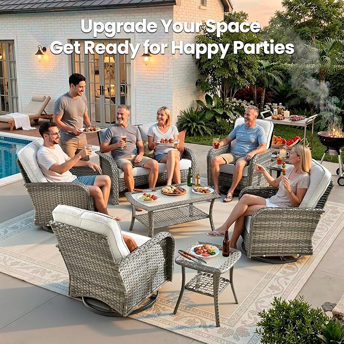 Weaxty 7 Pieces Patio Furniture Set,Wicker Outdoor Swivel Rocking Chairs,Rattan Loveseat Couch,Coffee Table,Patio Sofa Conversation Sets for Deck Backyard Porch Poolside, Light Gray