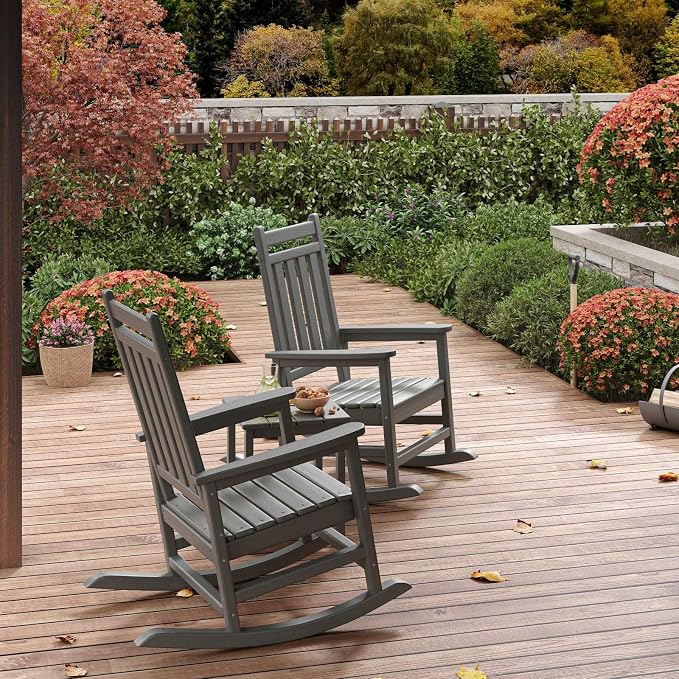 Garvee HDPE Rocking Chair Outdoor Set of 4 with 2 Side Table - Poly High Back Porch Rocker Chairs for Adults - All Weather Resistant Furniture for Patio Front Porch - Gray - Image 7