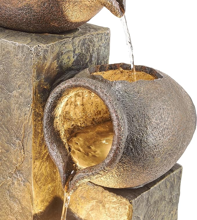 Alpine Corporation GIL140 43" Tall Indoor Outdoor Pottery Fountain with Replaceable LED Lights, Water Feature for Garden, Patio, and Home Decor, Brown