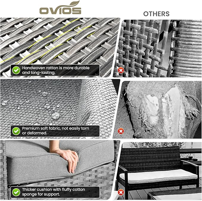 ovios Patio Furniture Set, 6 Pieces Outdoor Wicker Sofa Couch with Loveseat, Ottomans and Comfy Cushions, All Weather High Back Rattan Conversation Set, Dark Grey