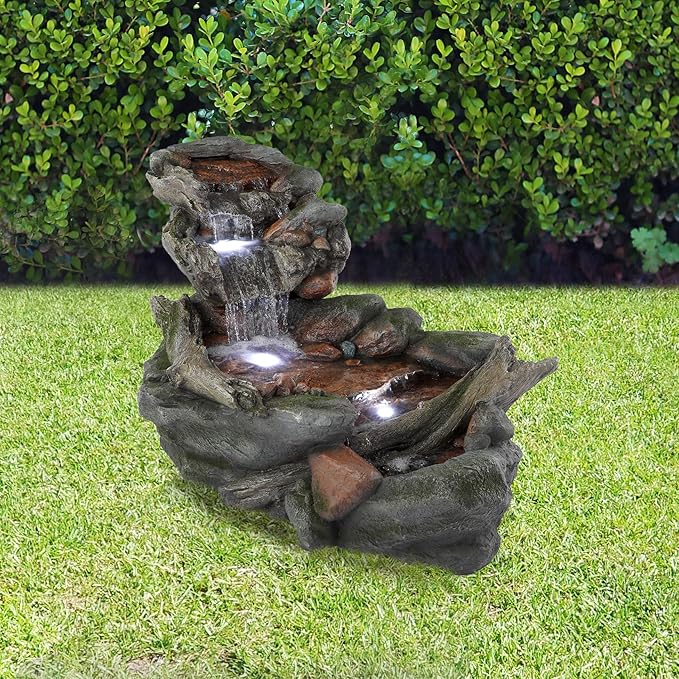 Alpine Corporation | 60"L Outdoor 3-Tier Rainforest Rock River Hand-Painted Water Fountain with LED Lights — Garden, Patio & Yard Décor