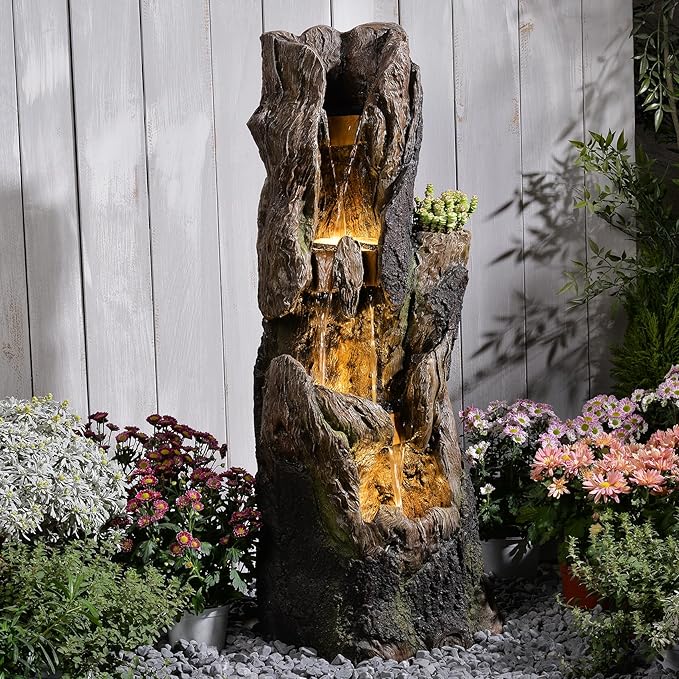 43.7''H Water Fountain Outdoor, 4 Tiered Large Tree Trunk Outdoor Freestanding Cascading Waterfall with LED Lights, Floor-Standing Water Feature for Garden, Yard, Patio, Porch, Home Art Decor