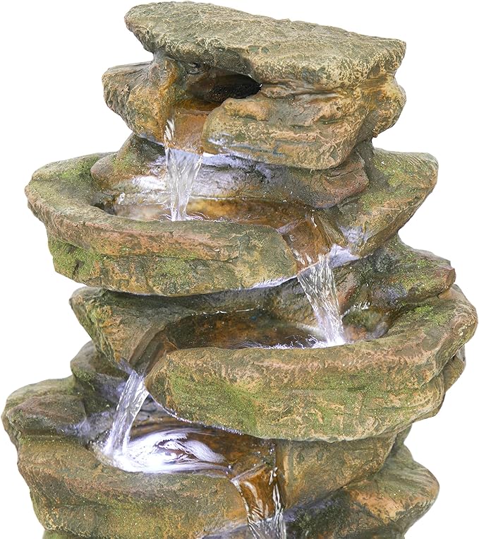 Alpine Corporation 20" H Outdoor Multi-Level Rock Floor Fountain with LED Lights, Brown