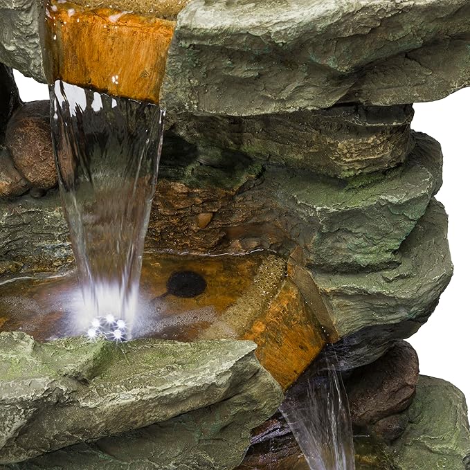 Alpine Corporation TZL292 Outdoor Floor Cascading Stone Tower Fountain, Garden Fountain with Natural Stone Look 40", Gray