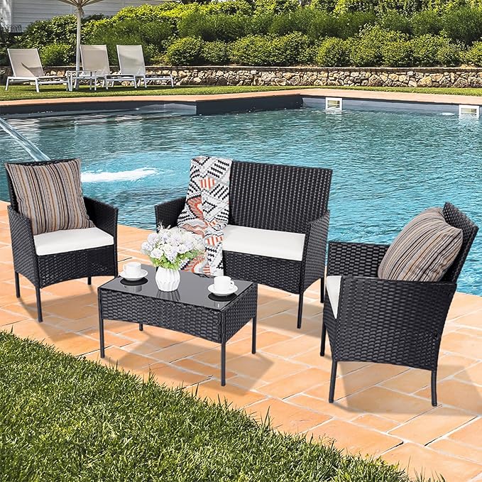 Patio Furniture Set 4 Pieces, Outdoor Rattan Furniture with Tempered Glass Coffee Table, Modern Rattan Patio Chairs Conversation Sets with Sofa for Garden, Terrace, Porch, Lawns