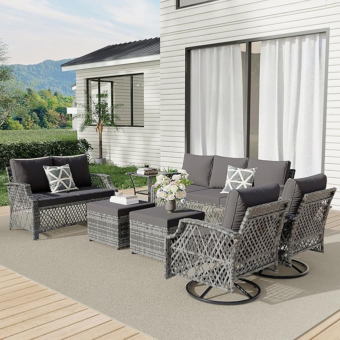 HOMREST 7 Piece Patio Furniture Set, Wicker Outdoor Conversation Sofa Set with Swivel Chairs, 2 Ottomans, Glass Side Table, Rattan Outdoor Sectional for Deck Backyard Porch ๏ผ9 Seats, Gray๏ผ