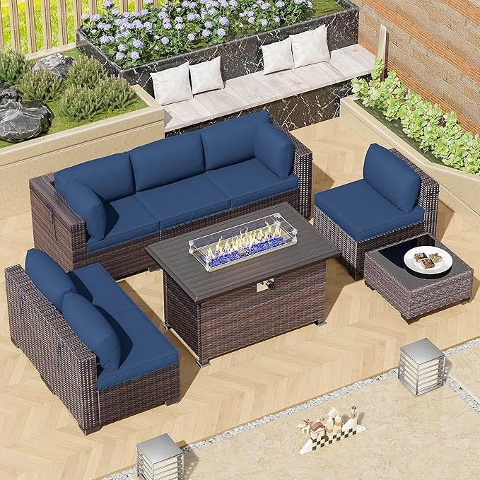 Outdoor Patio Furniture Sets with Propane Fire Pit Table, 8 Pieces Outdoor Furniture Patio Sectional Sofa Conversation Sets w/ETL Approved 43" Gas Outdoor Fire Table & Coffee Table (Dark Blue)