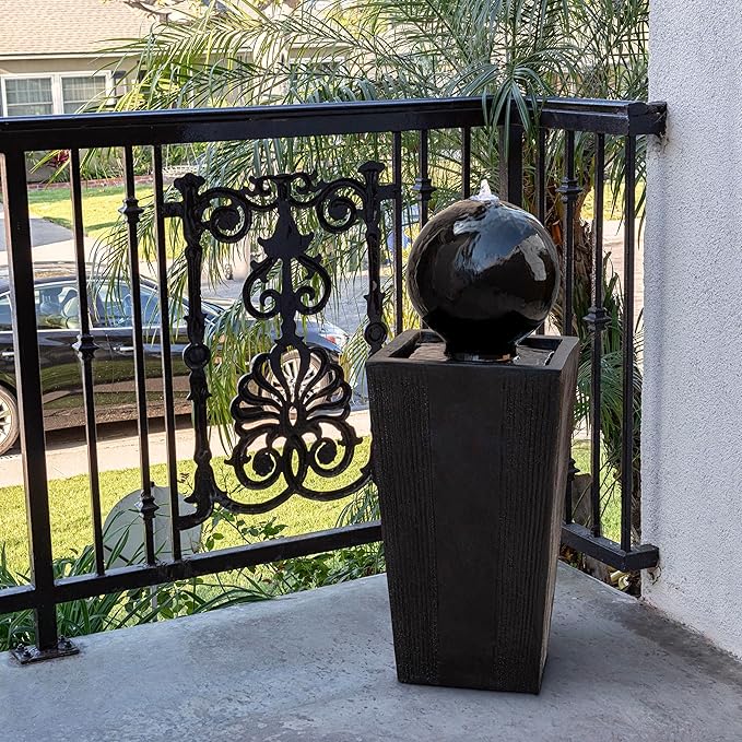 Alpine Corporation GIL786 Outdoor Floor Modern Sphere and Pedestal Soothing Waterfall Fountain for Garden 33", Black
