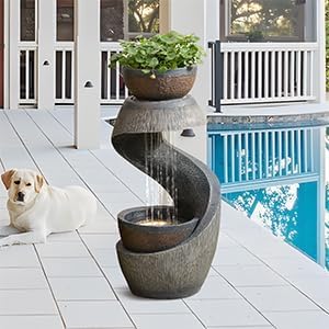 31.9" S-Shaped Outdoor Water Fountain with Lights – Resin Waterfall Fountain Outdoor with Planter Bowl, Modern Grey Garden Water Feature for Patio, Balcony, Yard, Home Decor