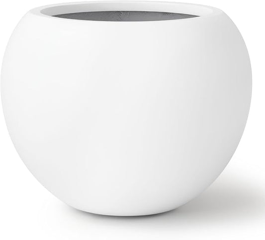 9.7" H x 12" D Premium Globo Fiberstone Round Planter with Drainage Hole, Smooth Finishes, Weather Resistant for Indoor and Outdoor Use, Included 2 Extra Coco Mats (White, 7.8" Pot Opening)