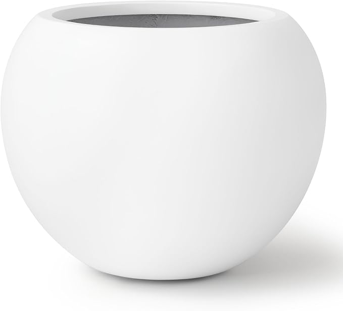 12.8"H x 16"D Premium Globo Fiberstone Round Planter with Drainage Hole, Smooth Finishes, Weather Resistant for Indoor and Outdoor Use, Included 2 Extra Coco Mats (White, 10.7" Pot Opening)