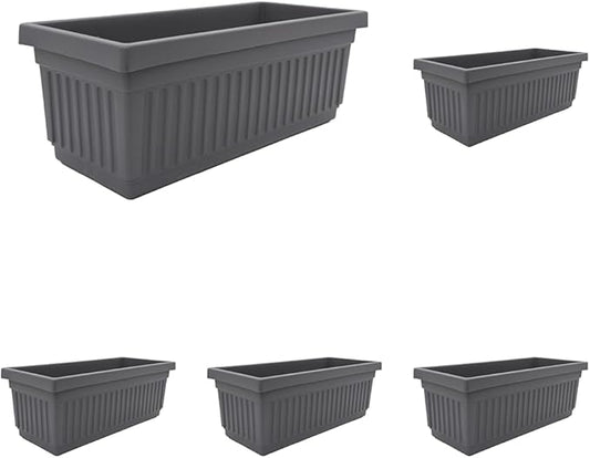 The HC Companies 30 Inch Venetian Rectangular Window Planter Box - Lightweight Plastic Indoor Outdoor Plant Pot with Drainage for Windowsill, Herbs, Flowers, Warm Gray (Pack of 5)