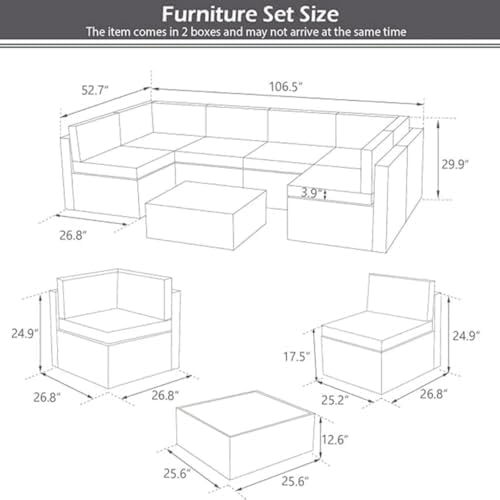 U-MAX 7 Piece Outdoor Patio Furniture Set with 43 Inch Fire Pit Table, PE Rattan Wicker Sofa Set, Outdoor Sectional Furniture Chair Set with Cushions and Tea Table, Grey Rattan&Dark Blue Cushion