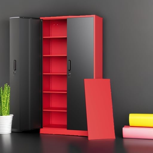 Letaya Metal Garage Storage Cabinets with Lock, 71" Tall Locker Organizer Steel Tool Cabinets,5 Adjustable Shelves 2 Doors for Home Office, Warehouse,Garage,Industrial,Employee (Black Red) - Image 5