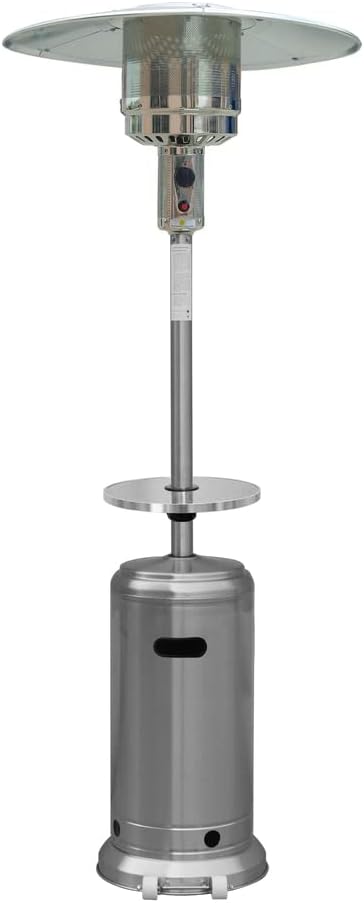 Hiland HLDS01-BST Propane Patio Heater w/Wheels, Table, 48,000 BTU and 33" Aluminum Heat Shield, Tall, Stainless Steel