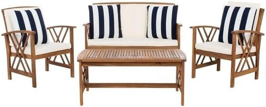 SAFAVIEH Outdoor Collection Fontana Natural/ Beige Cushions/ Thick Stripe Pillows 4-Piece Conversation Patio Set