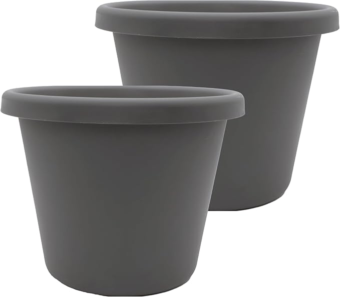 The HC Companies 14 Inch Classic Round Planter Pots with Drainage, Rolled Rim Plastic Planters for Indoor & Outdoor Plants, 2-Pack Decorative Flower Pots for Garden, Office & Home Decor, Warm Gray