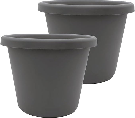The HC Companies 14 Inch Classic Round Planter Pots with Drainage, Rolled Rim Plastic Planters for Indoor & Outdoor Plants, 2-Pack Decorative Flower Pots for Garden, Office & Home Decor, Warm Gray