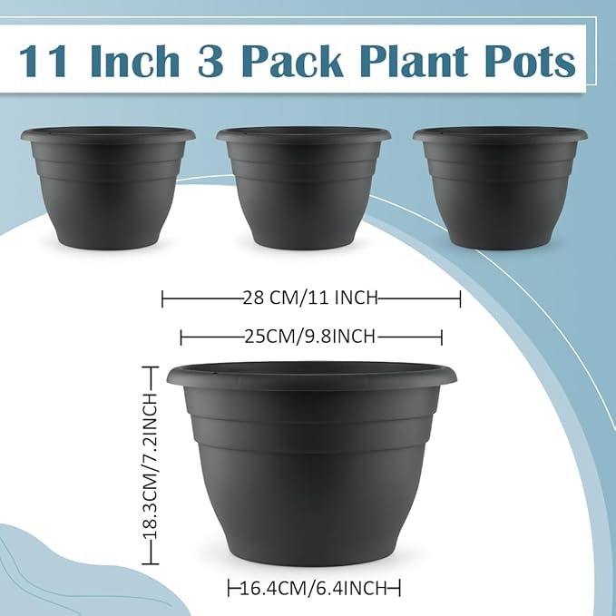 3 Pack 11 Inch Plant Pots with Drainage Hole and Plug,Plastic Flower Pots for Indoor & Outdoor Plants,Lightweight Plant Pots Perfect for Herbs,Flowers & Succulents(Gray)