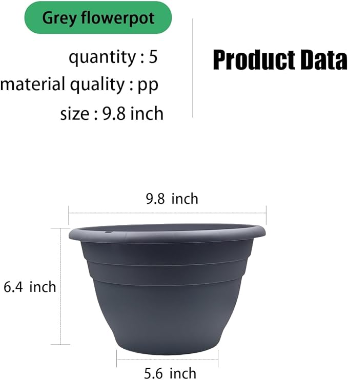 5 Pack 10 Inch Plant Pots for Indoor Outdoor,Plastic Floor Planters with Drainage Holes,Lightweight Flower Pots for Home,Patio & Garden(Grey)