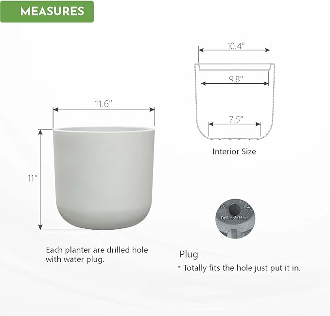 11 Inch White Planter, Large Plastic Plant Pots with Drainage Holes and Rubber Plug, UV Resistant Indoor Outdoor Flower Pot, Modern Decorative Cylinder for Home & Office, Chalk White