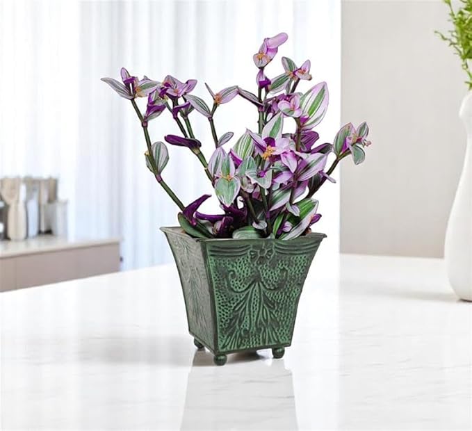 Hosley Set of 4 Green Patina Embossed Metal Planters with Ornate Floral Design, 5.25" L x 5.25" W x 5" H ?€? Ideal for Floral Arrangements, Home D??cor, Garden Accents, Rustic Weddings.