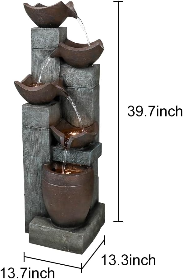 SunJet 5-Tier Modern Water Fountain, Outdoor/Indoor Resin Water Fountains with Soothing Water Sounds & Warm LED Light, Perfect for Garden, Patio, Home & Office, 13.7" L x 13.3" W x 39.7" H