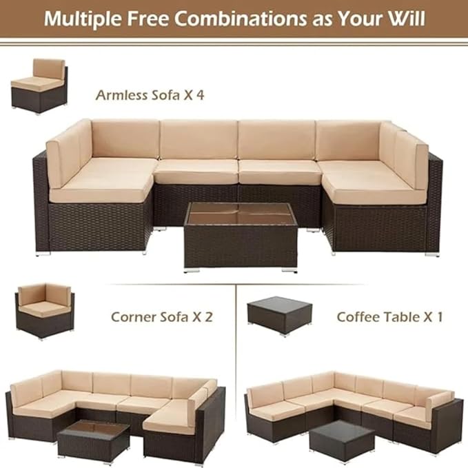 U-MAX 7 Piece Outdoor Patio Furniture Set with 43 Inch Fire Pit Table, PE Rattan Wicker Sofa Set, Outdoor Sectional Furniture Chair Set with Cushions and Tea Table, Brown Rattan&Beige Cushion