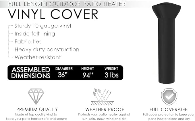 Fire Sense 02129 Vinyl Cover Full Length Outdoor For Fire Sense LPG Patio Heaters Reflectors Heavy Duty 10 Gauge Felt Lined Waterproof Weather Resistant With Zipper 31"-33" Round Reflectors